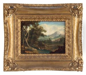Paesaggio Con Figure, Lago E Paese Sullo Sfondo by Giovanni Battista Busiri