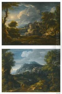 A Classical Landscape With Travellers And A Hilltop Town Beyond; A Classical Landscape With A River And A Cylindrical Tower Beyond (pair) by Giovanni Battista Busiri