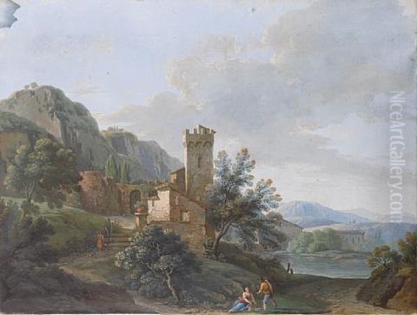 Figures Resting Before A Walled Village, Mountains And A Lake In The Distance - view 1