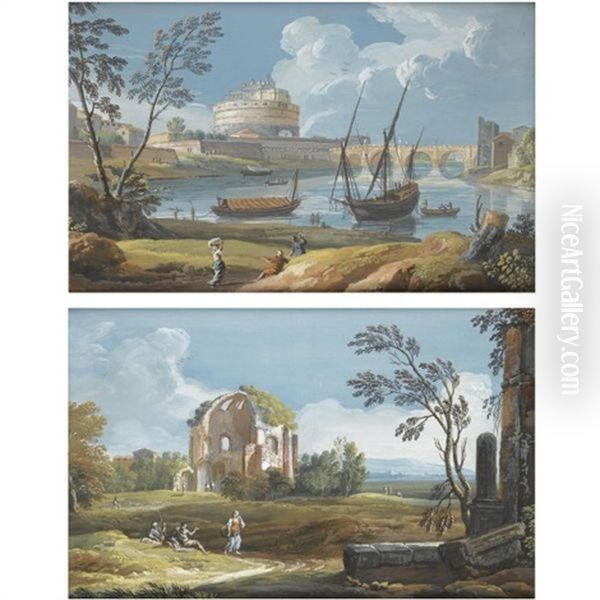 The Tiber With Castel Sant'angelo And Ponte Degli Angeli With Boats And Figures (+ The Temple Of Minerva Medica And Figures; Pair) - view 1