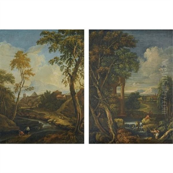 An Italianate Landscape With Fishermen In The Foreground Before Classical Ruins (+ An Italianate Landscape With Fishermen In The Foreground With A Town Beyond; Pair) - view 1