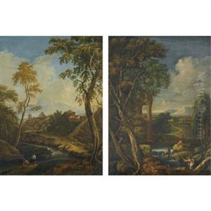 An Italianate Landscape With Fishermen In The Foreground Before Classical Ruins (+ An Italianate Landscape With Fishermen In The Foreground With A Town Beyond; Pair) by Giovanni Battista Busiri