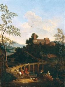 Paesaggio Romano Nei Pressi Di Un Fiume Con Ponte E Cavalieri