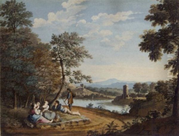 An Extensive River Landscape With A Peasant Family Resting By The Shore - view 1