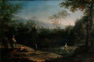 An Italianate Landscape With Figures Resting By A Pool by Giovanni Battista Busiri