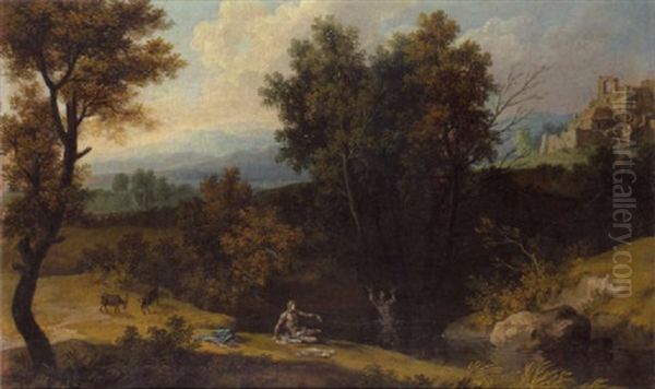 A Classical Wooded Landscape With Bathers - view 1
