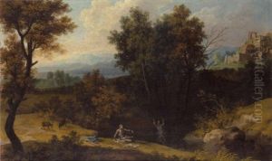 A Classical Wooded Landscape With Bathers