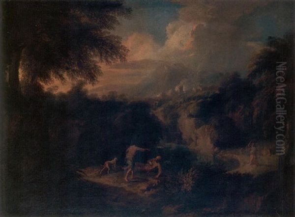 A Wooded Italianate Landscape With Two Figures And A Dog In The Foreground, A Lake, A Hill Town And Mountains Beyond - view 1