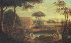 A View Of The Roman Campagna, With Figures Beside A River, An Amphitheatre Beyond