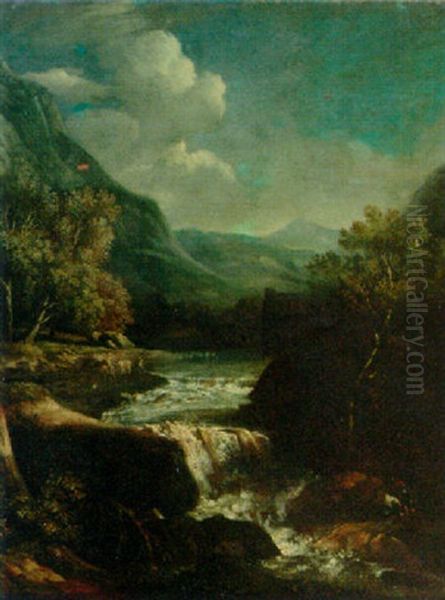 An Italianate Rocky River Landscape With Travellers On A Track - view 1