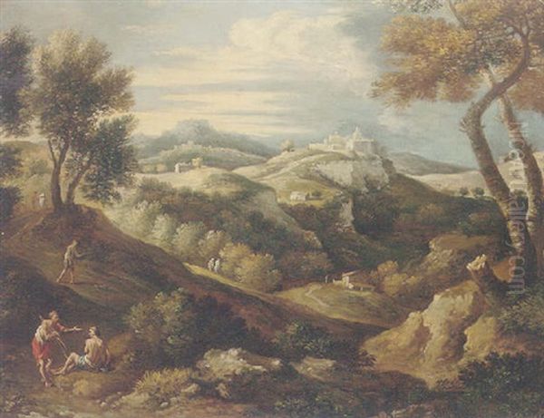 An Arcadian Wooded Landscape With Figures Resting By A Track, A Citadel In The Distance - view 1
