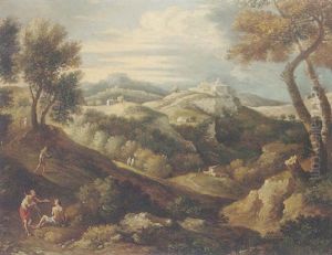 An Arcadian Wooded Landscape With Figures Resting By A Track, A Citadel In The Distance