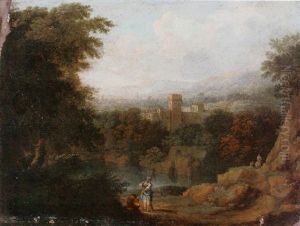 A Landscape With Figures Resting Before A Lake, A Town Beyond by Giovanni Battista Busiri