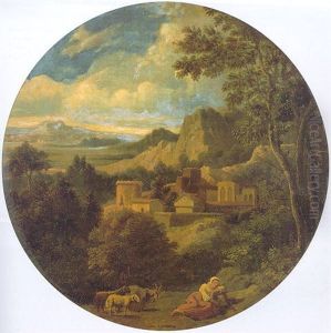 An Italianate Landscape With A Shepherdess Resting Beside Her Goat And Sheep In The Foreground