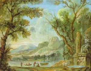 Gebirgige Fluslandschaft Mit Einem Steinernen Brunnen, Booten Und Figuren by Giovanni Battista Busiri