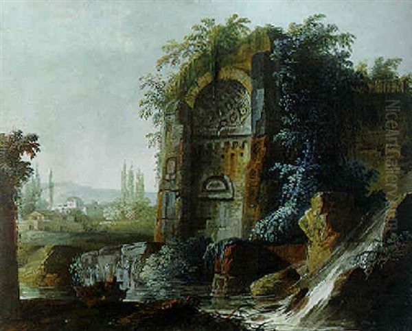A Capriccio With The Temple Of Venus And Rome In A River Landscape With A Waterfall, A Village Beyond - view 1
