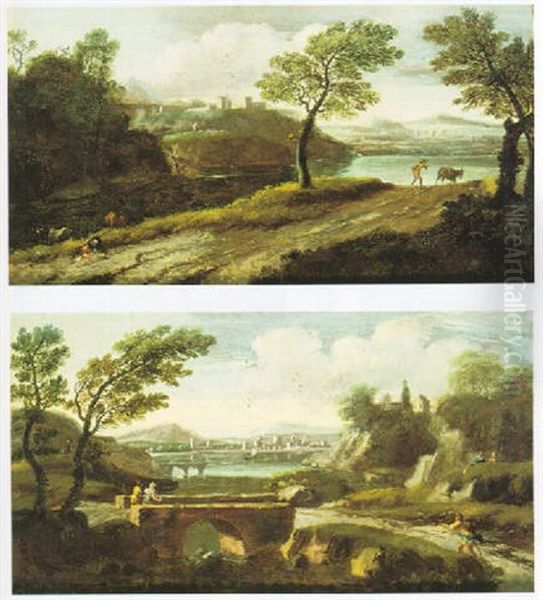 An Italianate River Landscape With A Man Driving A Donkey Down A Track - view 1