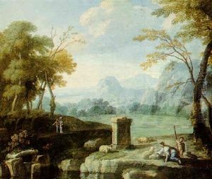 Classical Landscape With A Shepherdess And Her Flock By A Pool And Other Women Beyond by Giovanni Battista Busiri
