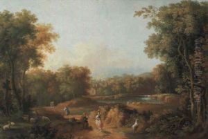 Wooded Landscapes With Shepherds, Travellers And Washerwomen by Giovanni Battista Busiri