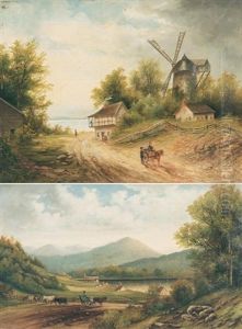 The Old Stone Windmill On Lake Saint Louis, Lachine (+ Paysage, District Of Lake Champlain, 1850, Lrgr; 2 Works) by John Henry van Buskirk