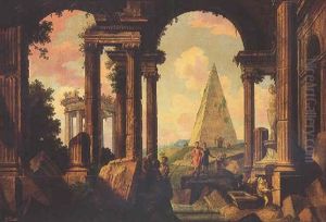 Roman Ruins With Figures, The Pyramid Of Cestius In The Background by Peter Nikolaus Buson