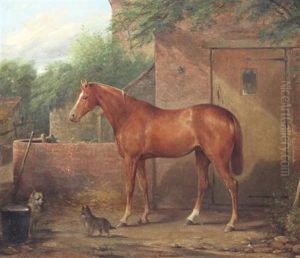 Portrait Of A Chestnut Horse Outside A Stable With Two Terriers