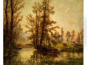 Landschaft Mit Jungen Baumen An Einem Bachlauf thumbnail