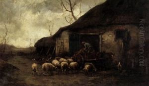 A Farmyard Scene With A Figure In A Haycart And A Flock Of Sheep Outside A Barn