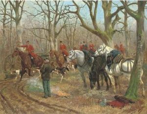 Chasse A Cour: A Stag Hunt On A Woodland Track by Georges Louis Charles Busson