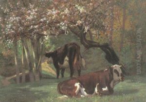 Zwei Gescheckte Kuhe Unter Bluhenden Obstbaum by Georges Louis Charles Busson
