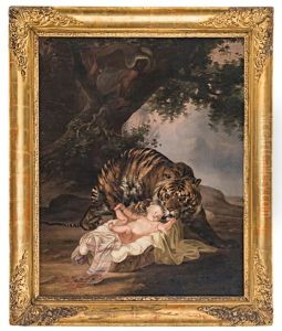 Ein Tiger Entdeckt Ein Baby In Einem Korb by Raden Saleh Sarief Bustaman