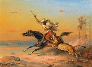 Araber Zu Pferd Von Einem Lowen Angegriffen by Raden Saleh Sarief Bustaman
