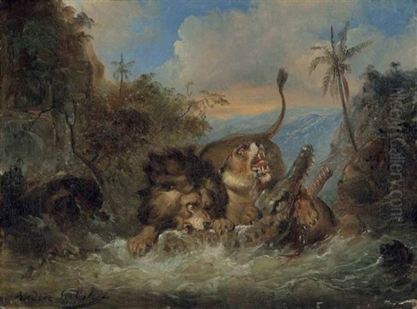 A Lion And Lioness Attacking A Crocodile - view 1