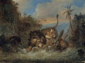 A Lion And Lioness Attacking A Crocodile by Raden Saleh Sarief Bustaman