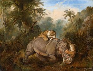 Kampf Zwischen Einem Javanesischen Rhinozeros Und Zwei Tigern by Raden Saleh Sarief Bustaman