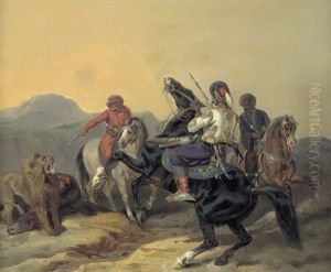 Orientalen Bei Der Lowenjagd by Raden Saleh Sarief Bustaman