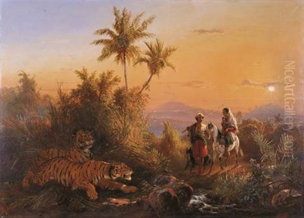 A Family Promenades Along A Path With Two Tigers In Wait And The Borobudur In The Background - view 1