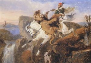 The Last Embrace Of Foes: A Bedouin Horseman Attacked By A Lion by Raden Saleh Sarief Bustaman