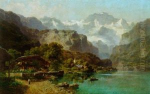 Uferpartie Am Thunersee Mit Blick Auf Die Jungfrau