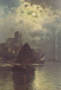 Flusslandschaft Bei Nacht Mit Segelschiff