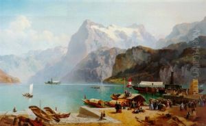Der Quai Von Brunnen Mit Blick Auf Vierwaldstattersee Und Rutli