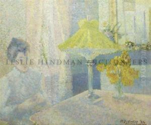 Lady Seated In Front Of A Table With Lamp And Vase Of Yellow Flowers
