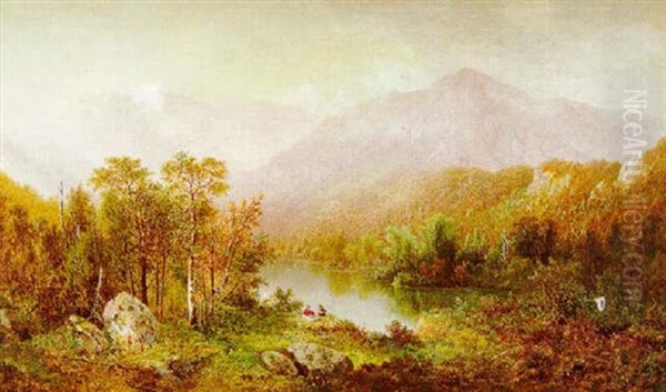 Two Figures Gazing Out On A Wooded Landscape And Distant Mountains - view 1