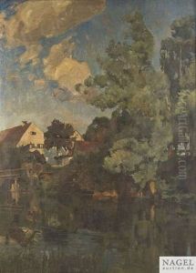 Hochsommer. Flusslandschaft Mit Gehoft