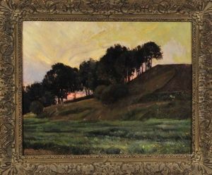 Landschaft Mit Kleiner Baumgruppe Am Hang Im Abendrot