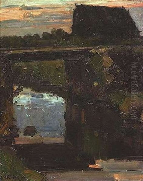 Landschaft Mit Bachlauf Und Gehoft Im Abendlicht - view 1