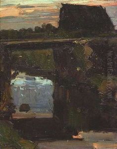 Landschaft Mit Bachlauf Und Gehoft Im Abendlicht by Bernhard Buttersack
