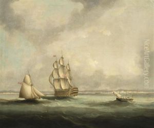 A Ship-of-the-line Off Cadiz, Probably The Flagship Of The Blockading Fleet, With An Armed Cutter Off Her Port Beam