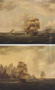A Frigate Running Past A Port With The Outward-bound Packet "rapid" Off Her Stern by Thomas Buttersworth Jr.