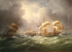 A Frigate Running Past A Port With The Outward-bound Packet "rapid" Off Her Stern by James Edward Buttersworth